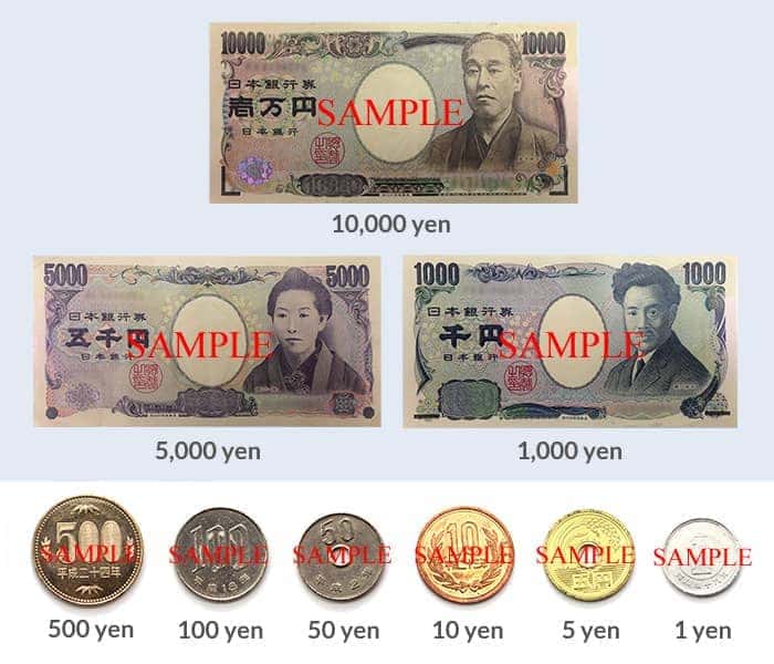共有4四种面额的纸币(10,000日元,5,000日元,2,000日元及1,000日元)及